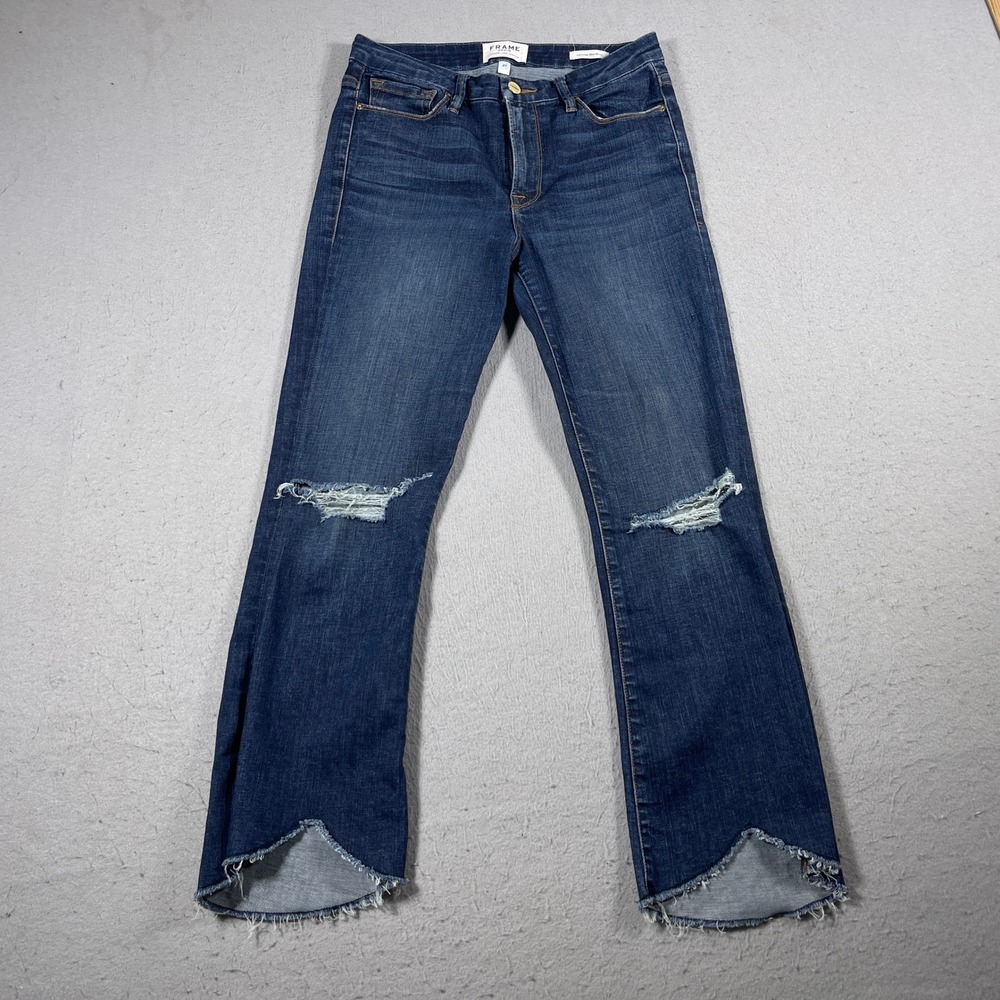 Frame Le Crop Mini Boot Jeans Women 27 Keeley Court Distressed Raw Hem Denim